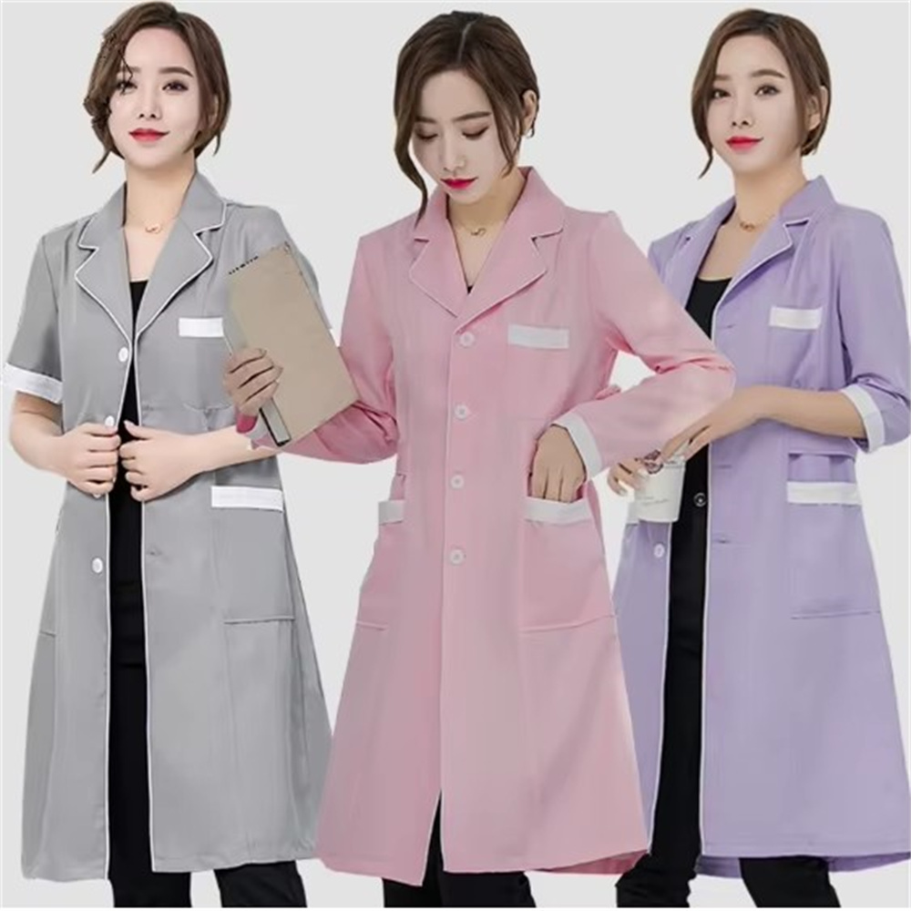 Medical Lab Coats - 고급 회색 단색 슬림 단순 주름
